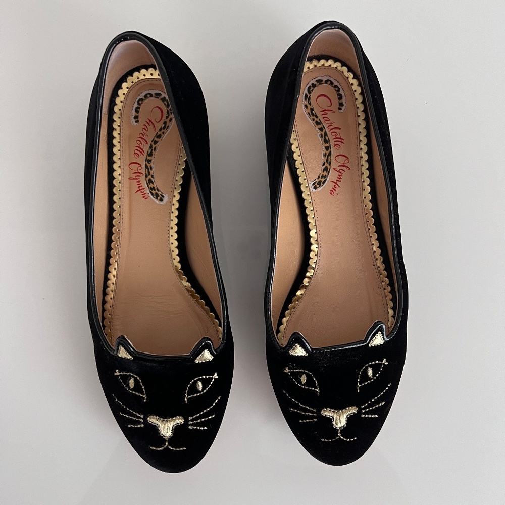 Charlotte Olympia Black Velvet Kitty Flats